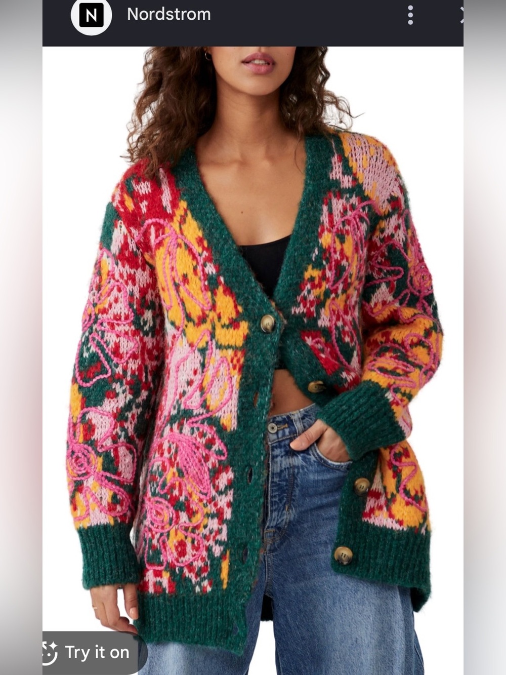 Free People Alexis Floral Cardigan Multicolor Embroidered Oversized Sweater